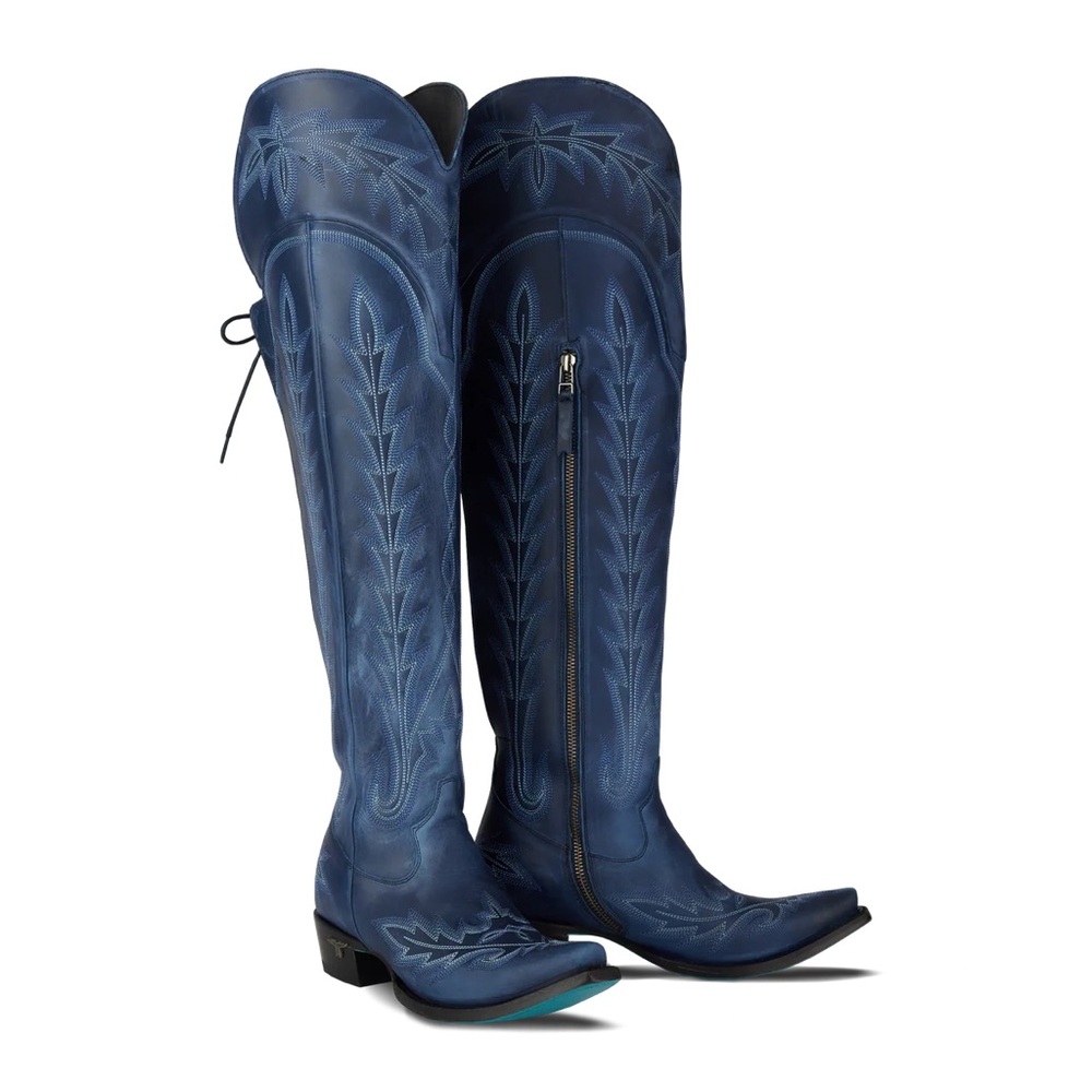Women's Blue Embroidered Knee-High Boots